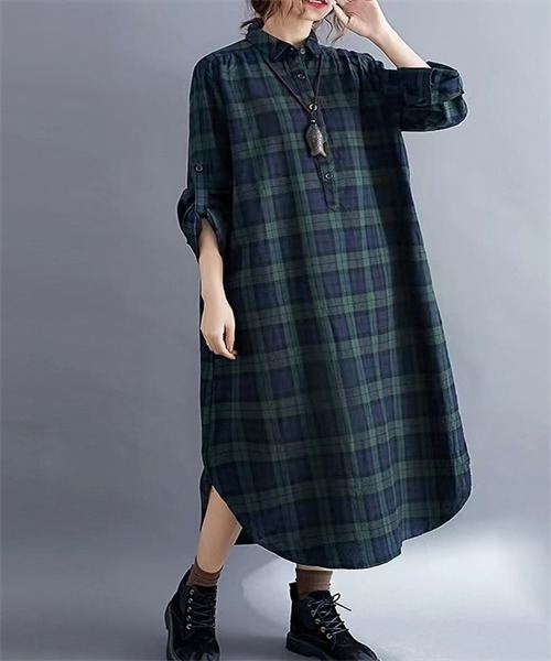 FREE STYLISTS(フリー スタイリスト)の「チェック柄シャツワンピース(シャツワンピース・レディース・グリーン/ボルドー・M/XL/XXL/L)」の7枚目の写真