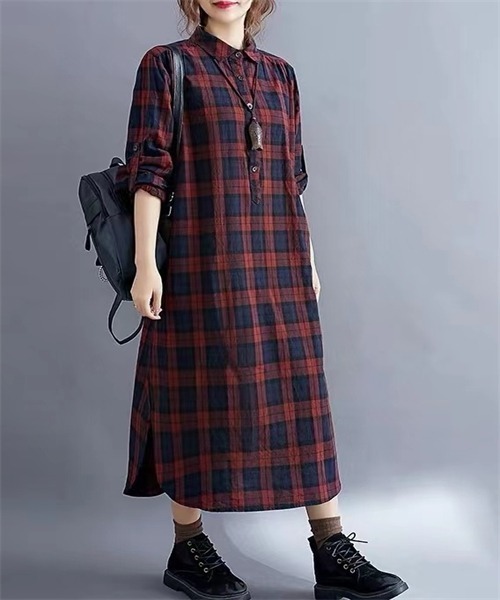 FREE STYLISTS(フリー スタイリスト)の「チェック柄シャツワンピース(シャツワンピース・レディース・グリーン/ボルドー・M/XL/XXL/L)」の11枚目の写真