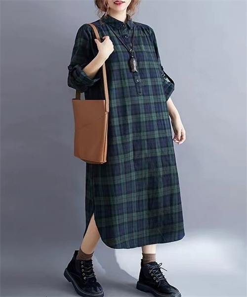 FREE STYLISTS(フリー スタイリスト)の「チェック柄シャツワンピース(シャツワンピース・レディース・グリーン/ボルドー・M/XL/XXL/L)」の6枚目の写真