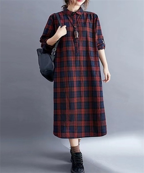 FREE STYLISTS(フリー スタイリスト)の「チェック柄シャツワンピース(シャツワンピース・レディース・グリーン/ボルドー・M/XL/XXL/L)」の9枚目の写真