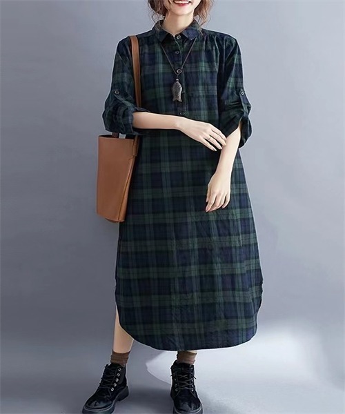 FREE STYLISTS(フリー スタイリスト)の「チェック柄シャツワンピース(シャツワンピース・レディース・グリーン/ボルドー・M/XL/XXL/L)」の4枚目の写真