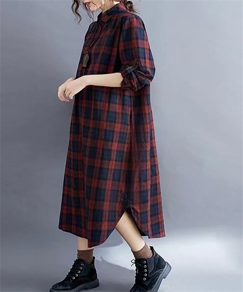 FREE STYLISTS(フリー スタイリスト)の「チェック柄シャツワンピース(シャツワンピース・レディース・グリーン/ボルドー・M/XL/XXL/L)」の12枚目の写真