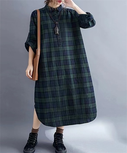 FREE STYLISTS(フリー スタイリスト)の「チェック柄シャツワンピース(シャツワンピース・レディース・グリーン/ボルドー・M/XL/XXL/L)」の5枚目の写真