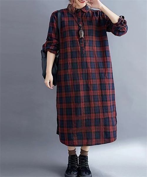 FREE STYLISTS(フリー スタイリスト)の「チェック柄シャツワンピース(シャツワンピース・レディース・グリーン/ボルドー・M/XL/XXL/L)」の10枚目の写真