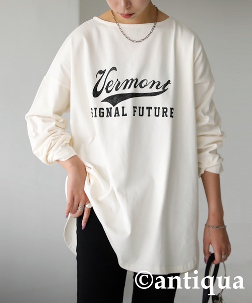 antiqua(アンティカ)の「オーガニックコットン100%カジュアルロゴロンT(Tシャツ/カットソー・レディース・ピンク系その他/ネイビー系/ブラック×グレー/ブルー系その他/ベージュ系その他/ブラウン系その他/イエロー×グレー/カーキ系/ホワイト×ブラック/アイボリー系・FREE)」の2枚目の写真