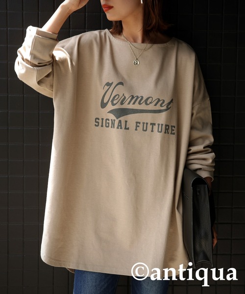 antiqua(アンティカ)の「オーガニックコットン100%カジュアルロゴロンT(Tシャツ/カットソー・レディース・ピンク系その他/ネイビー系/ブラック×グレー/ブルー系その他/ベージュ系その他/ブラウン系その他/イエロー×グレー/カーキ系/ホワイト×ブラック/アイボリー系・FREE)」の1枚目の写真