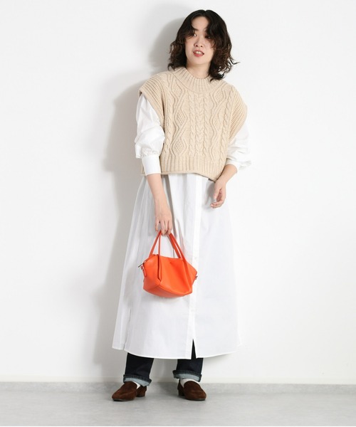 cepo（セポ）の「【セットアイテム】ケーブルベスト＋バンドカラーワンピース（シャツワンピース・レディース・オフホワイト/オレンジ・M）」の3枚目の写真