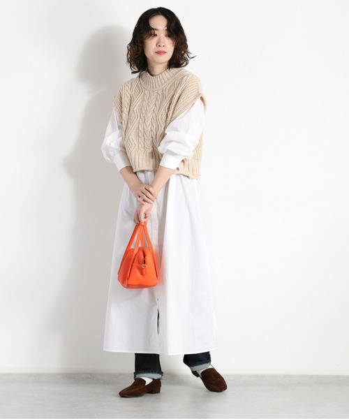 cepo（セポ）の「【セットアイテム】ケーブルベスト＋バンドカラーワンピース（シャツワンピース・レディース・オフホワイト/オレンジ・M）」の6枚目の写真