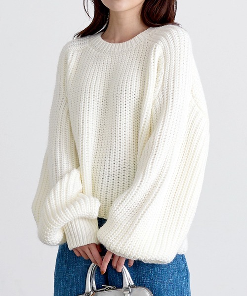 ローゲージボリュームスリーブニットトップス