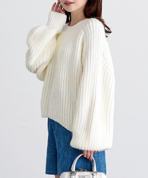 ローゲージボリュームスリーブニットトップス