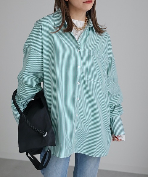 ap retro（アプレトロ）の「ストライプビックシャツ オーバーシャツ（シャツ/ブラウス・レディース・ブルー/グリーン/ピンク・FREE）」の12枚目の写真