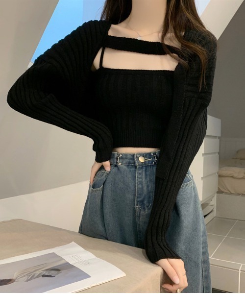 gossip！ロサンゼルス（ゴシップロサンゼルス）の「フロントストラップリブニットカーデニットキャミ（アンサンブル・レディース・ホワイト/ブラック/グレー・FREE）」の17枚目の写真