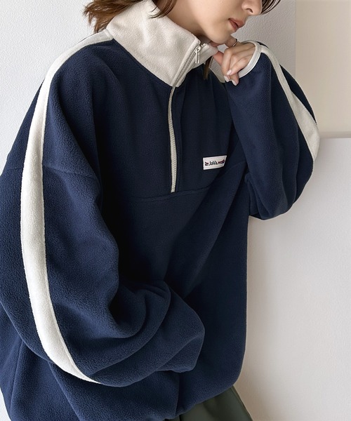 Java(ジャバ)の「《Javaジャバコラボ》高見えラバーロゴ。冬に大活躍!ラフでお洒落な大人の配色フリースハーフジッププルオーバー(スウェット・レディース・ネイビー/ブラウン/アイボリー/オレンジ/ブラック・LARGE/MEDIUM/SMALL/X-LARGE)」の9枚目の写真