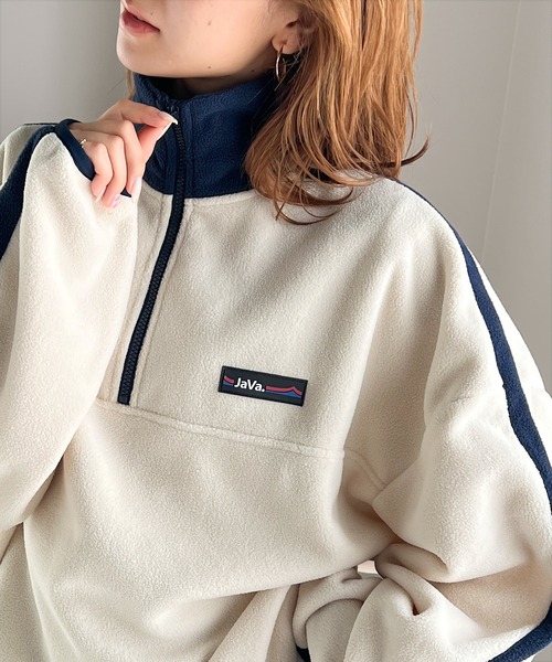 Java(ジャバ)の「《Javaジャバコラボ》高見えラバーロゴ。冬に大活躍!ラフでお洒落な大人の配色フリースハーフジッププルオーバー(スウェット・レディース・ネイビー/ブラウン/アイボリー/オレンジ/ブラック・LARGE/MEDIUM/SMALL/X-LARGE)」の6枚目の写真