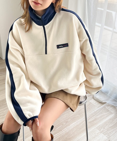 Java(ジャバ)の「《Javaジャバコラボ》高見えラバーロゴ。冬に大活躍!ラフでお洒落な大人の配色フリースハーフジッププルオーバー(スウェット・レディース・ネイビー/ブラウン/アイボリー/オレンジ/ブラック・LARGE/MEDIUM/SMALL/X-LARGE)」の18枚目の写真