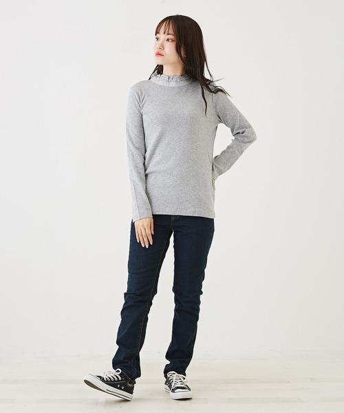 CUBE SUGAR(キューブシュガー)の「ショートスラブフライス無地長袖フリルネックインナー(Tシャツ/カットソー・レディース・ホワイト/ブラック/ダークグリーン/ブラウン/オレンジ/トップグレー・M)」の15枚目の写真