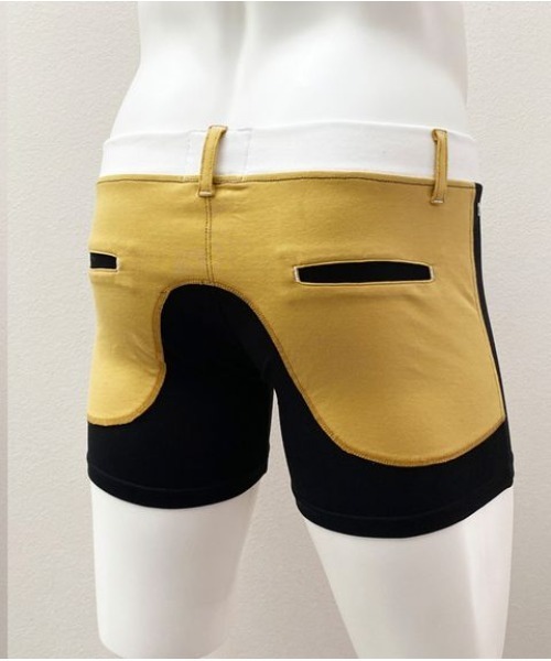 OVER THE TWELVE（オーバーザトゥウェルブ）の「OVER THE TWELVE/オーバーザトェルブ/ボーダー×ベア天竺（ボクサーパンツ・メンズ・ブラック/マスタード・L/M）」の2枚目の写真