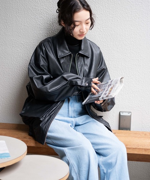 WEGO(ウィゴー)の「WEGO/ヴィンテージライクフェイクレザーBIGブルゾン(ライダースジャケット・レディース・ブラック/ダークブラウン・FREE)」の9枚目の写真