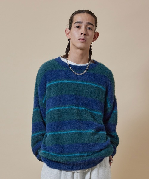 re_k by JUNRED（レクバイジュンレッド）の「re_k by JUNRED / シャギーボーダールーズニットプルオーバー（ニット/セーター・メンズ・ブルー/キャメル/グリーン・L/M/S）」の2枚目の写真