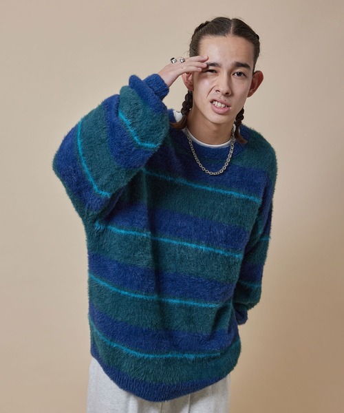 re_k by JUNRED（レクバイジュンレッド）の「re_k by JUNRED / シャギーボーダールーズニットプルオーバー（ニット/セーター・メンズ・ブルー/キャメル/グリーン・L/M/S）」の15枚目の写真