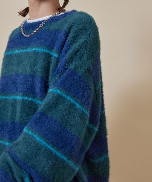 re_k by JUNRED（レクバイジュンレッド）の「re_k by JUNRED / シャギーボーダールーズニットプルオーバー（ニット/セーター・メンズ・ブルー/キャメル/グリーン・L/M/S）」の4枚目の写真