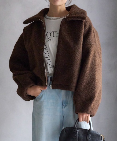 セール】ショート丈 ボリュームスリーブ ボアジャケット（ブルゾン