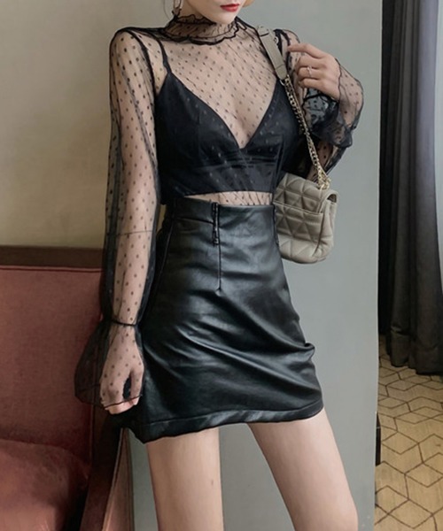 Miniministore（ミニミニストア）の「フリルハイネック シアートップスドット柄（シャツ/ブラウス・レディース・ライトベージュ/ブラック/ホワイト・FREE）」の5枚目の写真