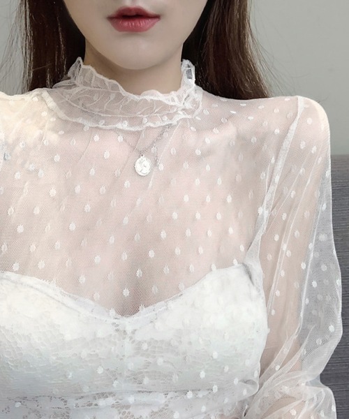 Miniministore（ミニミニストア）の「フリルハイネック シアートップスドット柄（シャツ/ブラウス・レディース・ライトベージュ/ブラック/ホワイト・FREE）」の8枚目の写真