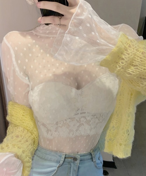 Miniministore（ミニミニストア）の「フリルハイネック シアートップスドット柄（シャツ/ブラウス・レディース・ライトベージュ/ブラック/ホワイト・FREE）」の10枚目の写真