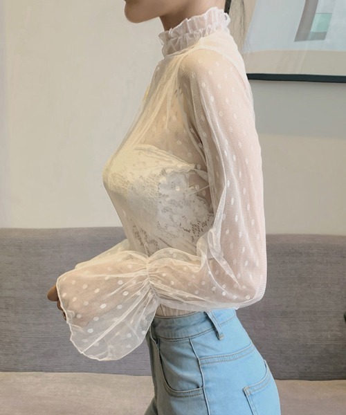 Miniministore（ミニミニストア）の「フリルハイネック シアートップスドット柄（シャツ/ブラウス・レディース・ライトベージュ/ブラック/ホワイト・FREE）」の12枚目の写真