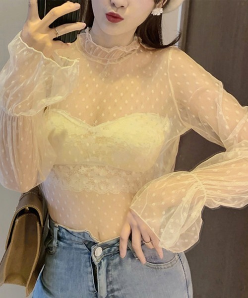 Miniministore（ミニミニストア）の「フリルハイネック シアートップスドット柄（シャツ/ブラウス・レディース・ライトベージュ/ブラック/ホワイト・FREE）」の15枚目の写真