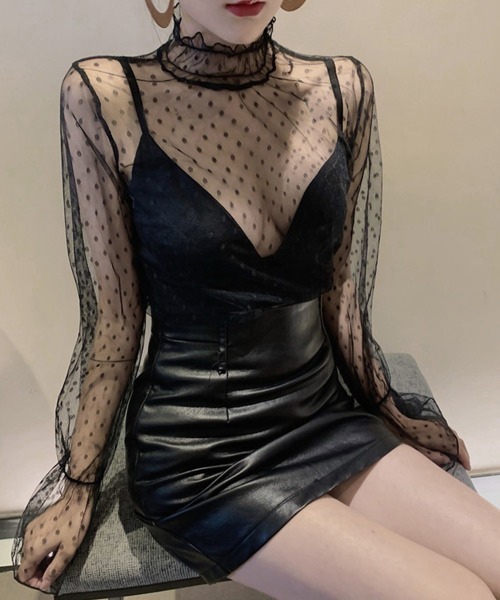 Miniministore（ミニミニストア）の「フリルハイネック シアートップスドット柄（シャツ/ブラウス・レディース・ライトベージュ/ブラック/ホワイト・FREE）」の4枚目の写真