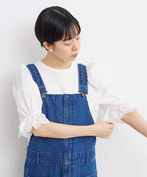 Dot＆Stripes CHILD WOMAN（ドットアンドストライプス　チャイルドウーマン）の「40/2天竺ドッキング BIGパフスリーブプルオーバー（Tシャツ/カットソー・レディース・ホワイト/ブラック・FREE）」の10枚目の写真