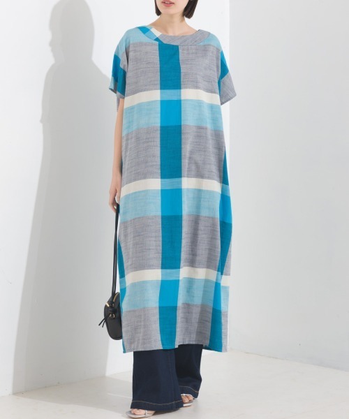 Y's インディゴ コットンワンピース M チェック ペプラム sillow-bk-4.jpg