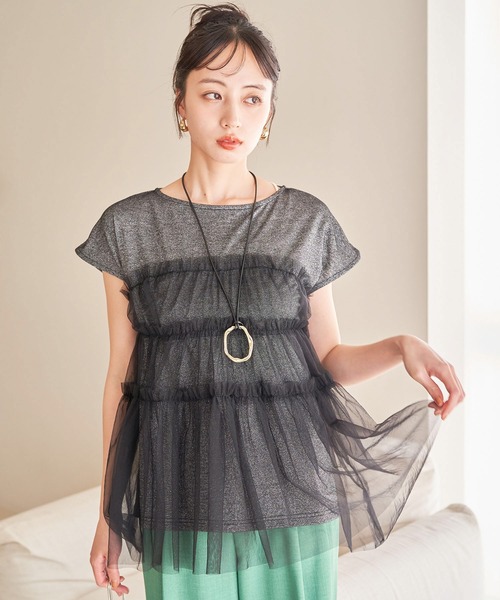 VIS（ビス）の「チュールコンビラメプルオーバー（Tシャツ/カットソー・レディース・ブラック/ホワイト/イエロー・FREE）」の2枚目の写真