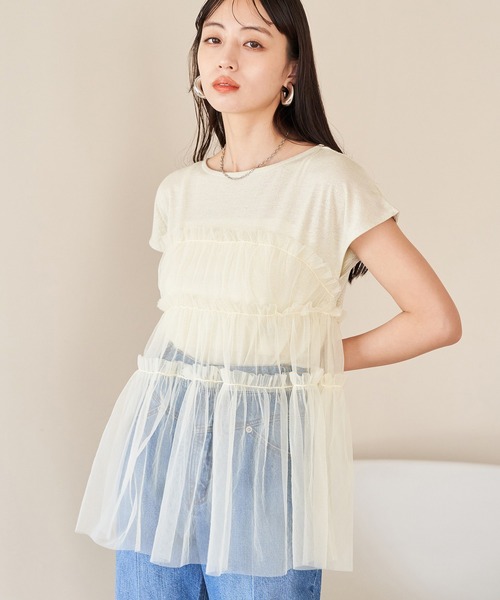 VIS（ビス）の「チュールコンビラメプルオーバー（Tシャツ/カットソー・レディース・ブラック/ホワイト/イエロー・FREE）」の4枚目の写真