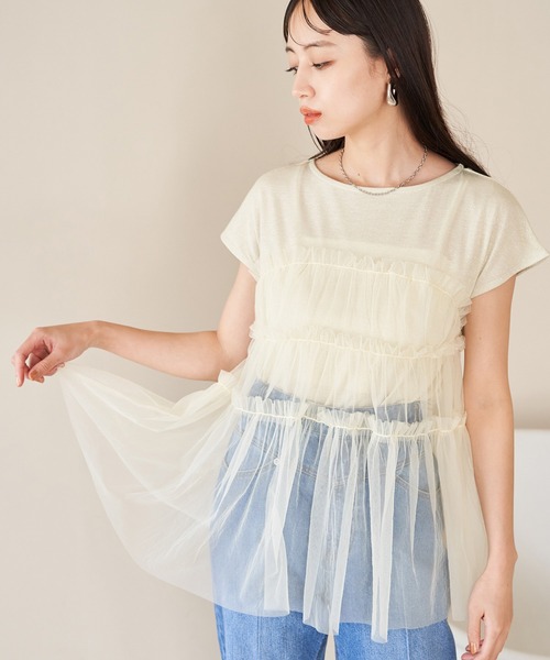 VIS（ビス）の「チュールコンビラメプルオーバー（Tシャツ/カットソー・レディース・ブラック/ホワイト/イエロー・FREE）」の5枚目の写真