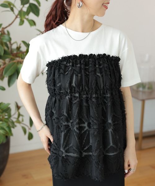 LEPSIM（レプシィム）の「アソートドッキングT　124105（Tシャツ/カットソー・レディース・ブラック/カーキ/ホワイト×ブラック/ライトグレー・FREE）」の2枚目の写真