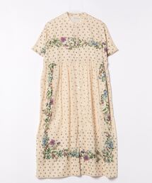SUPER HAKKA | コットンカルゼ　パネルドットフラワープリントフレンチスリーブワンピース（前開き）(ワンピース)