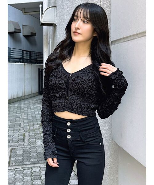 GYDA(ジェイダ)の「シャーリング2WAYショートカーディガン(カーディガン/ボレロ・レディース・ブラック/オフホワイト・FREE)」の2枚目の写真
