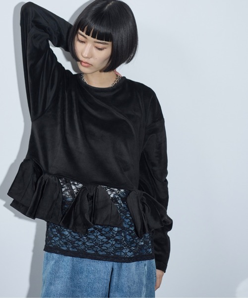 THE YOn(ザヨン)の「リボンモチーフベロアトップス(Tシャツ/カットソー・レディース・グレー/ブラック/オリーブ・FREE)」の12枚目の写真