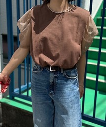 配色チュールボリュームスリーブ タックデザイントップス