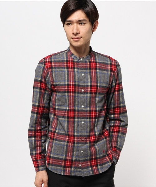 GYMPHLEX（ジムフレックス）の「【GYMPHLEX】起毛バンドカラーチェック（シャツ/ブラウス・メンズ・ネイビー/グレー・LARGE/MEDIUM）」の2枚目の写真