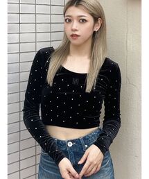 GYDA | GYGY embroideryラインストーンベロアトップス(Tシャツ/カットソー)