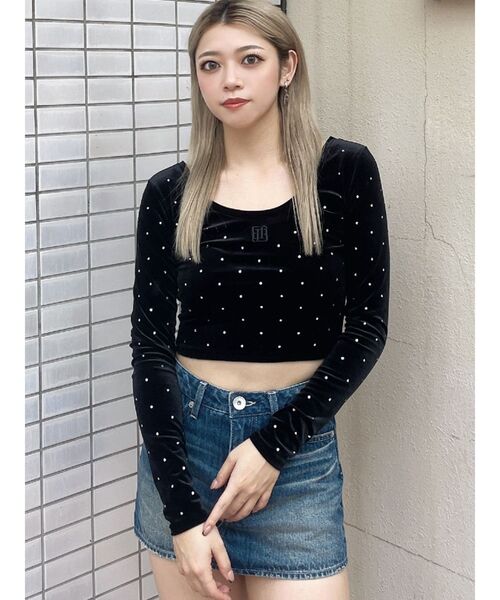 GYDA（ジェイダ）の「GYGY embroideryラインストーンベロアトップス（Tシャツ/カットソー・レディース・ブラック/オフホワイト・FREE）」の4枚目の写真