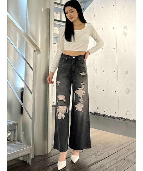 GYDA（ジェイダ）の「GYGY embroideryラインストーンベロアトップス（Tシャツ/カットソー・レディース・ブラック/オフホワイト・FREE）」の13枚目の写真