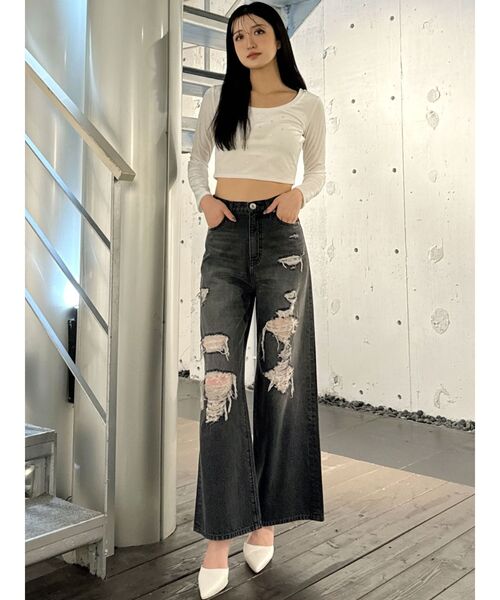 GYDA（ジェイダ）の「GYGY embroideryラインストーンベロアトップス（Tシャツ/カットソー・レディース・ブラック/オフホワイト・FREE）」の14枚目の写真