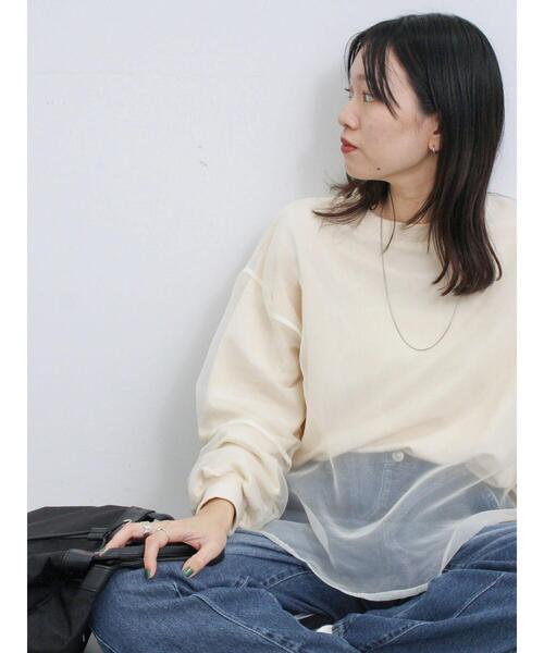 Samansa Mos2 blue（サマンサモスモスブルー）の「オーガンジードッキングプルオーバー（Tシャツ/カットソー・レディース・ネイビー/モカ/グレー/キナリ/チャコールグレー・F）」の2枚目の写真