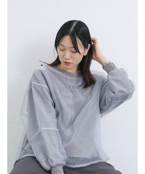 Samansa Mos2 blue（サマンサモスモスブルー）の「オーガンジードッキングプルオーバー（Tシャツ/カットソー・レディース・ネイビー/モカ/グレー/キナリ/チャコールグレー・F）」の8枚目の写真
