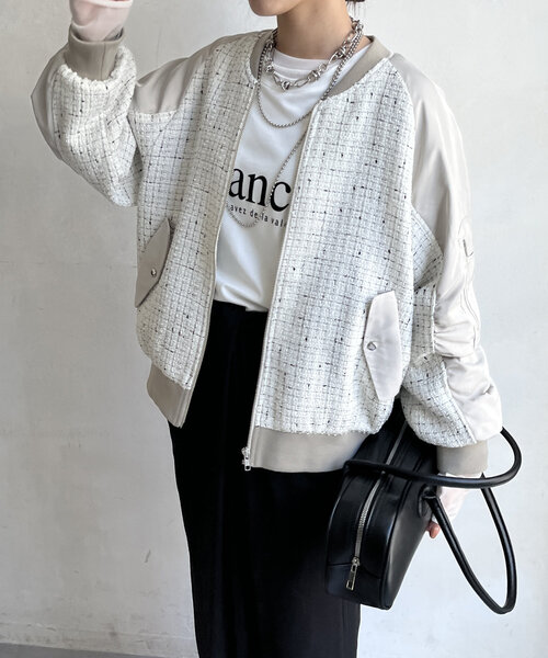 DouDou（ドゥドゥ）の「【WEB限定】MA-1スリーブツイードブルゾン（ブルゾン・レディース・ブラック/グレー/オフホワイト・FREE）」の7枚目の写真